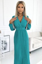 504-6 VIVIANA Pleated midi dress with a neckline, long sleeves and a wide belt - sea ​​color-2