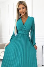 504-6 VIVIANA Pleated midi dress with a neckline, long sleeves and a wide belt - sea ​​color-4