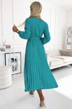 504-6 VIVIANA Pleated midi dress with a neckline, long sleeves and a wide belt - sea ​​color-3