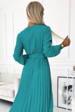 504-6 VIVIANA Pleated midi dress with a neckline, long sleeves and a wide belt - sea ​​color-5