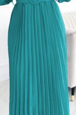 504-6 VIVIANA Pleated midi dress with a neckline, long sleeves and a wide belt - sea ​​color-6
