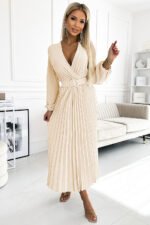 504-7 VIVIANA Pleated midi dress with scoop neckline, long sleeves and wide belt - light beige-3