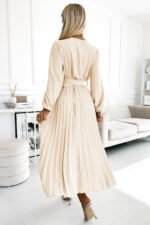 504-7 VIVIANA Pleated midi dress with scoop neckline, long sleeves and wide belt - light beige-2