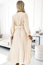 504-7 VIVIANA Pleated midi dress with scoop neckline, long sleeves and wide belt - light beige-4