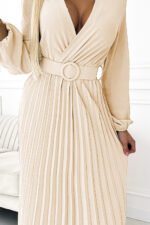 504-7 VIVIANA Pleated midi dress with scoop neckline, long sleeves and wide belt - light beige-5