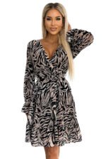 506-2 Chiffon dress with a neckline, ruffles and a belt - beige and black zebra-6