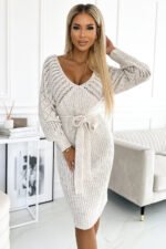 507-1 Openwork sweater dress with a neckline and ties - beige-4