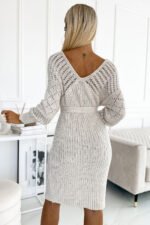 507-1 Openwork sweater dress with a neckline and ties - beige-3