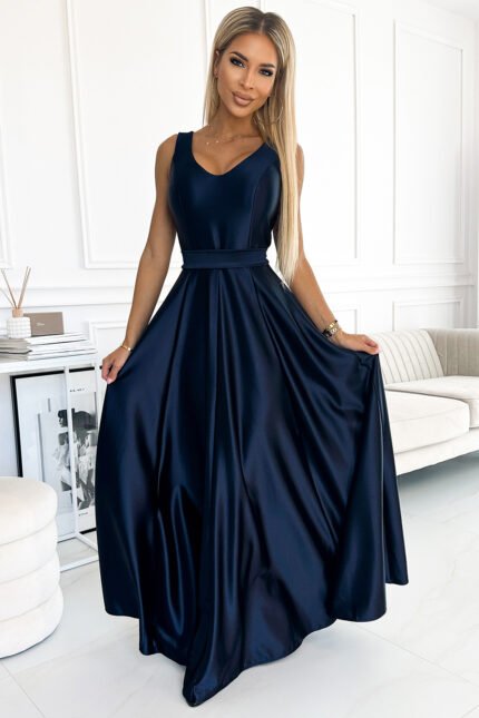 508-1 CINDY long satin dress with a neckline and bow - navy blue-1