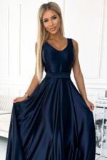 508-1 CINDY long satin dress with a neckline and bow - navy blue-4