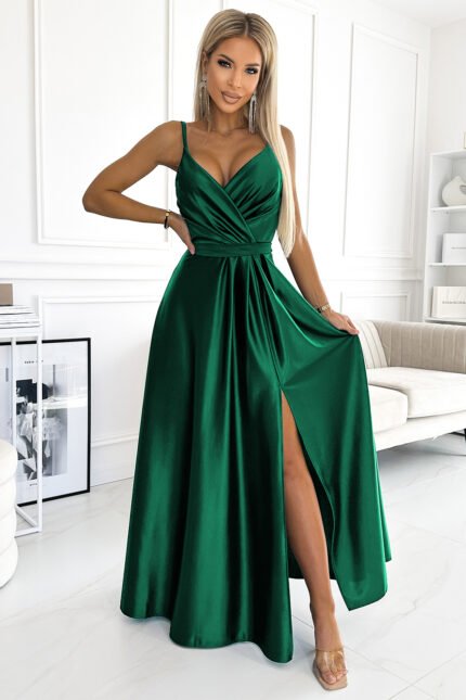 512-1 JULIET elegant long satin dress with a neckline - green-1