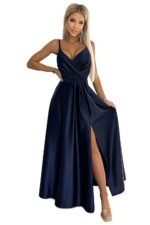 512-2 JULIET elegant long satin dress with a neckline - navy blue-7