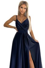 512-2 JULIET elegant long satin dress with a neckline - navy blue-8