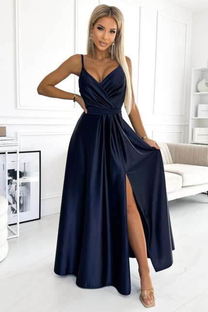 512-2 JULIET elegant long satin dress with a neckline - navy blue-1