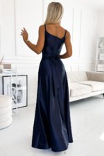 512-2 JULIET elegant long satin dress with a neckline - navy blue-3