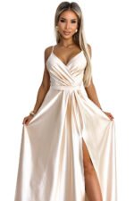 512-3 JULIET elegant long satin dress with a neckline and leg slit - Beige-8