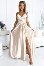 512-3 JULIET elegant long satin dress with a neckline and leg slit - Beige-1