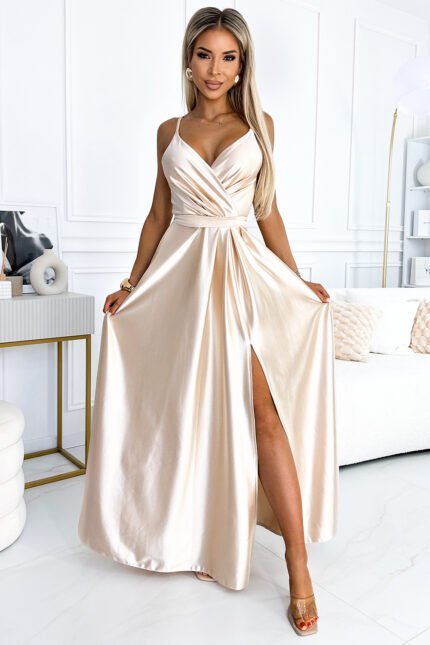 512-3 JULIET elegant long satin dress with a neckline and leg slit - Beige-1