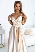 512-3 JULIET elegant long satin dress with a neckline and leg slit - Beige-2