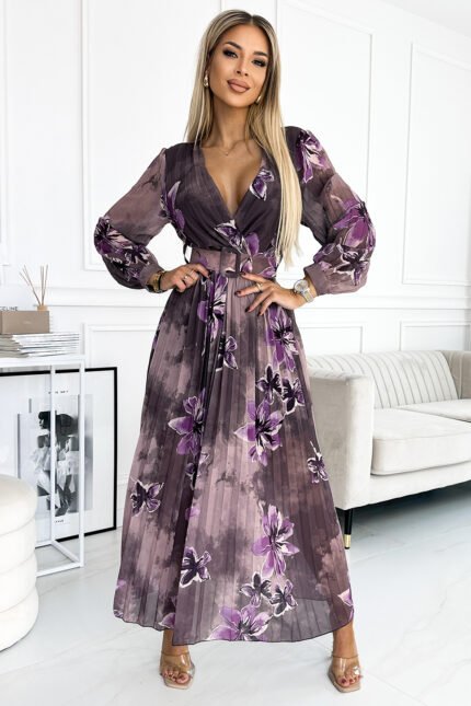 520-1 Pleated chiffon long dress with a neckline, long sleeves and a wide belt - purple large flowers-1