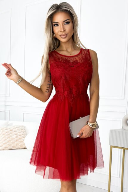 522-3 CATERINA Feminine dress with guipure and delicate tulle - red-1