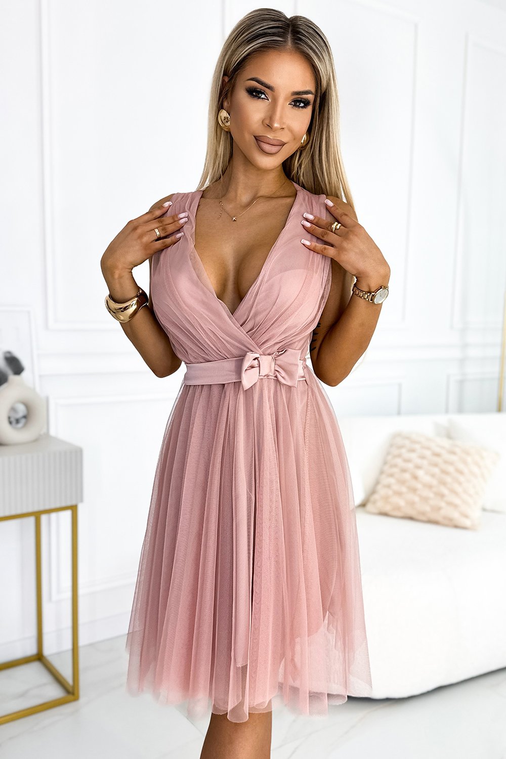 523-1 Tulle dress with a neckline and bow - dirty pink-1 523-1 Tulle dress with a neckline and bow - dirty pink-1
