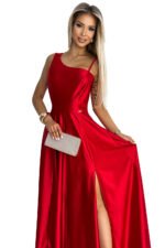 524-1 Long elegant satin one-shoulder dress - red-8