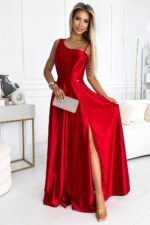 524-1 Long elegant satin one-shoulder dress - red-1