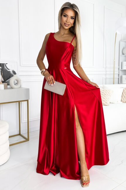 524-1 Long elegant satin one-shoulder dress - red-1
