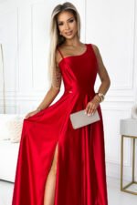 524-1 Long elegant satin one-shoulder dress - red-5