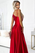 524-1 Long elegant satin one-shoulder dress - red-4