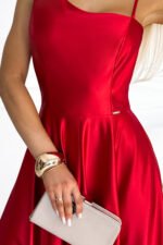 524-1 Long elegant satin one-shoulder dress - red-6