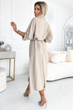 531-1 Midi shirt dress with gold buttons and ties - beige-3