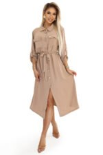 531-3 Midi shirt dress with gold buttons and ties - MOCHA MOUSSE-7