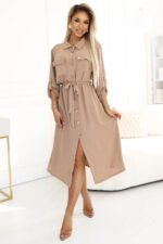 531-3 Midi shirt dress with gold buttons and ties - MOCHA MOUSSE-4