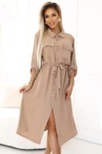 531-3 Midi shirt dress with gold buttons and ties - MOCHA MOUSSE-1