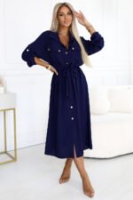 531-6 Midi Shirt Dress with Gold Buttons and Tie - Navy Blue-3