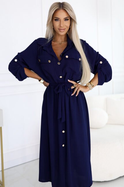 531-6 Midi Shirt Dress with Gold Buttons and Tie - Navy Blue-1