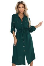 531-7 Midi shirt dress with gold buttons and tie detail - green-7
