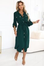 531-7 Midi shirt dress with gold buttons and tie detail - green-3
