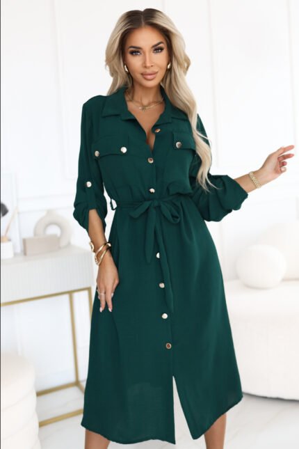 531-7 Midi shirt dress with gold buttons and tie detail - green-1