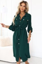 531-7 Midi shirt dress with gold buttons and tie detail - green-5