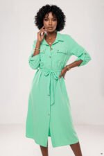 531-8 Midi shirt dress with gold buttons and a tie - neon mint-4