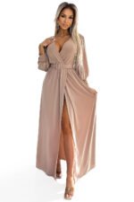 536-2 FIORELLA Long dress with a wide belt and neckline - beige-7