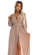 536-2 FIORELLA Long dress with a wide belt and neckline - beige-8