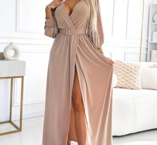 536-2 FIORELLA Long dress with a wide belt and neckline - beige-1
