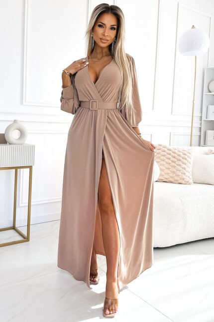 536-2 FIORELLA Long dress with a wide belt and neckline - beige-1