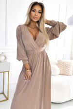 536-2 FIORELLA Long dress with a wide belt and neckline - beige-2