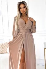 536-2 FIORELLA Long dress with a wide belt and neckline - beige-4