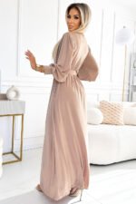 536-2 FIORELLA Long dress with a wide belt and neckline - beige-3